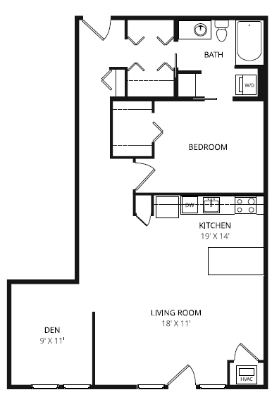 A black and white image of a floor plan for a one bedroom apartment.